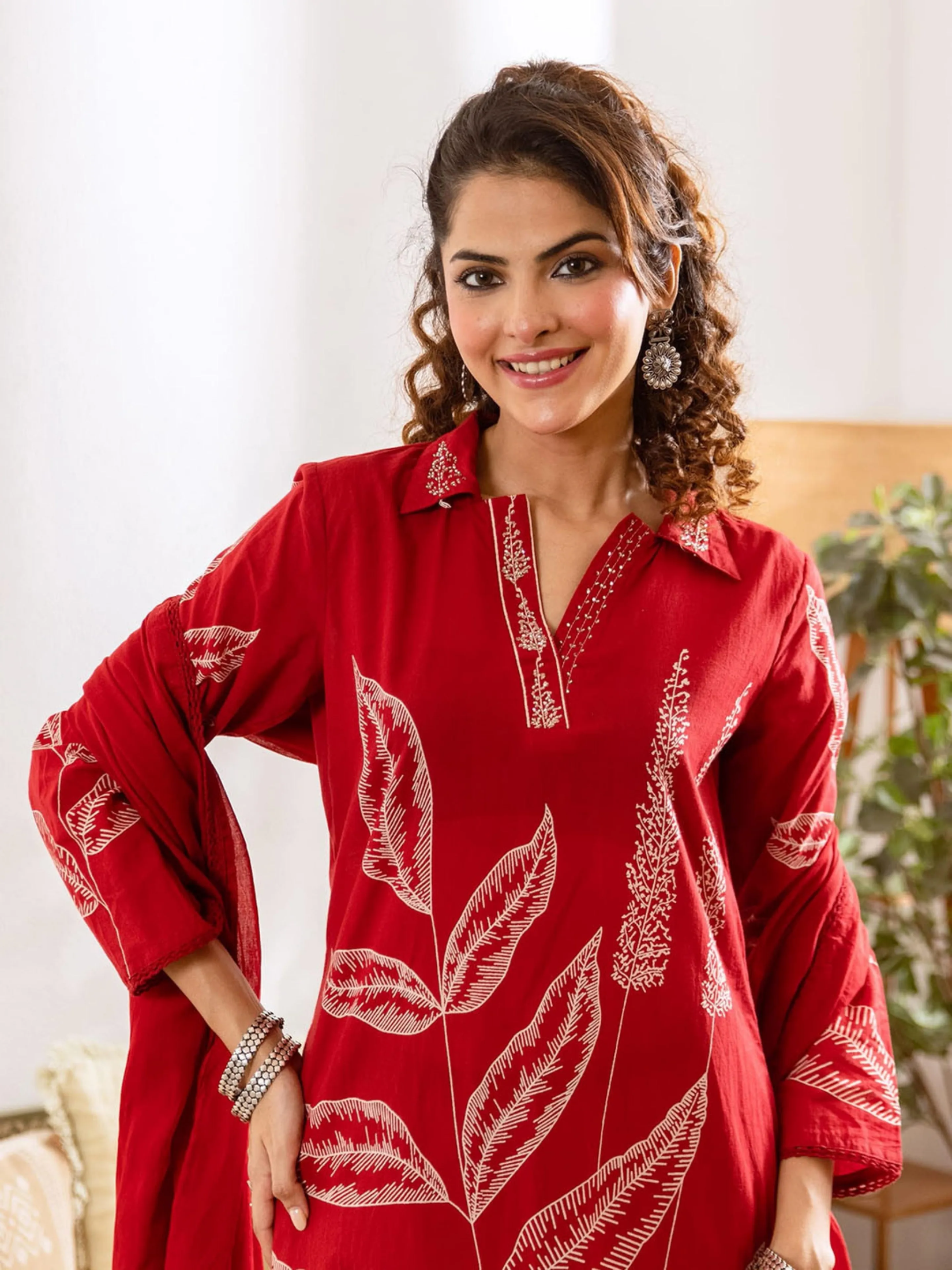 Embroidered Kurta with Trousers With Dupatta