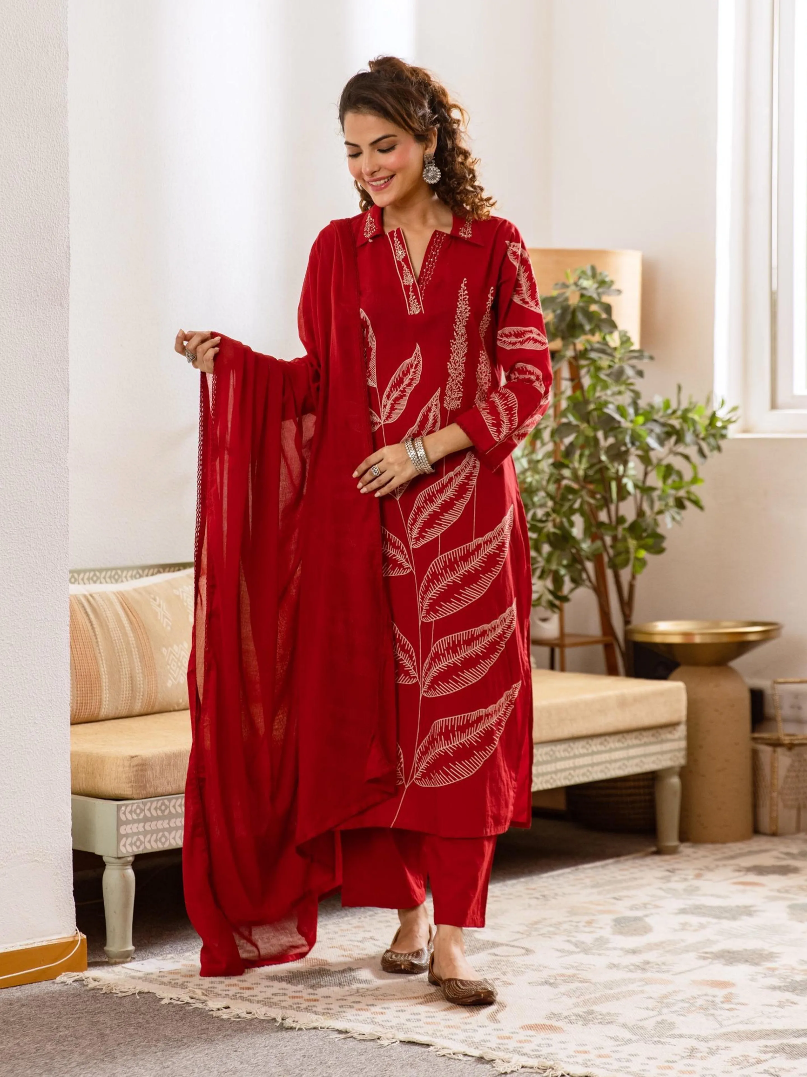 Embroidered Kurta with Trousers With Dupatta