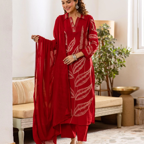 Embroidered Kurta with Trousers With Dupatta