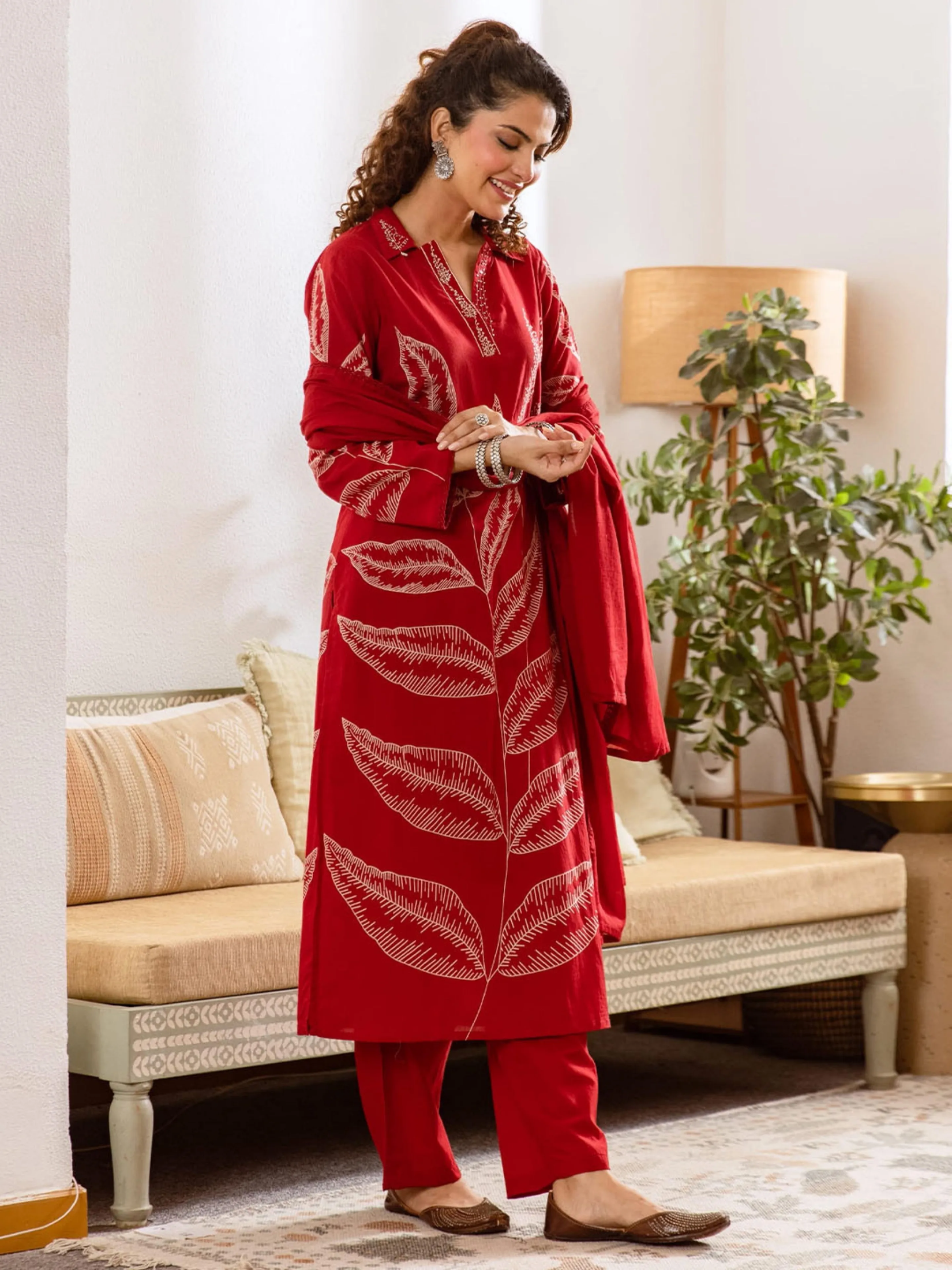 Embroidered Kurta with Trousers With Dupatta