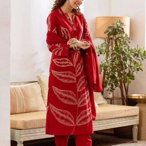 Embroidered Kurta with Trousers With Dupatta