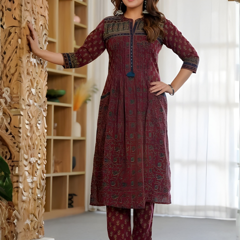 Cotton Motifs Kurta Set with Dupatta