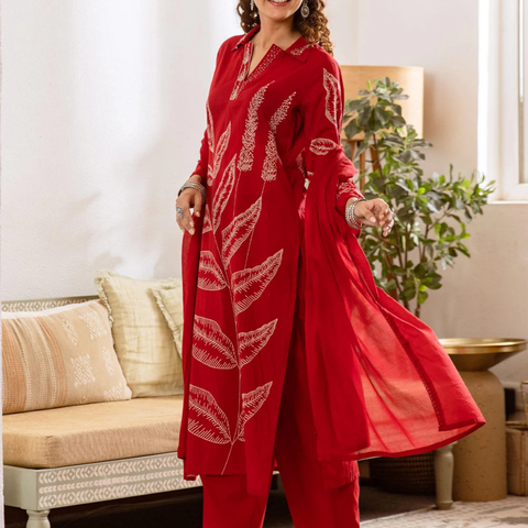 Embroidered Kurta with Trousers With Dupatta