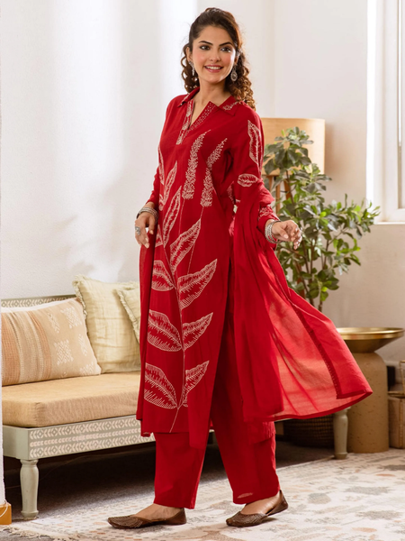 Embroidered Kurta with Trousers With Dupatta