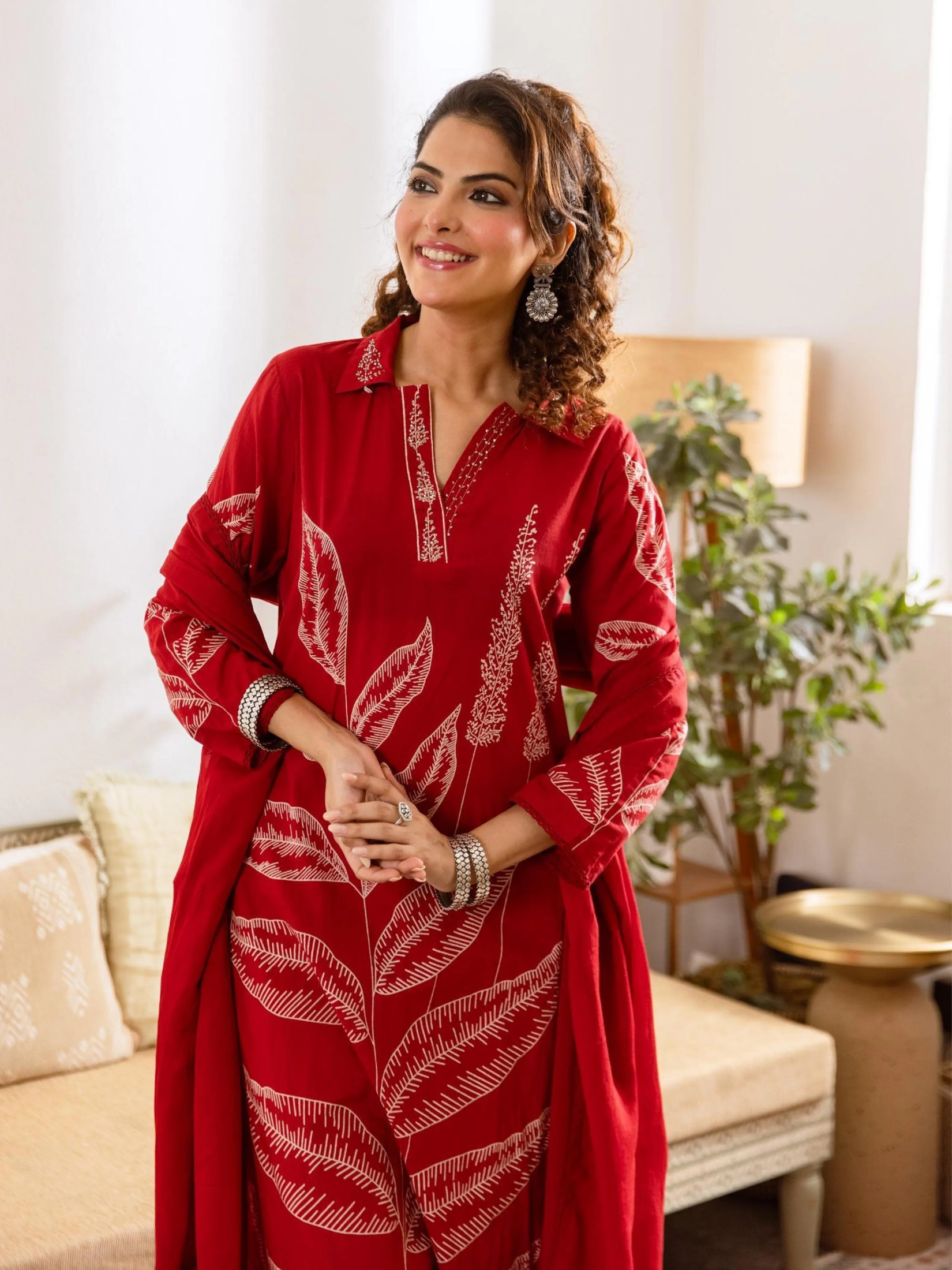 Embroidered Kurta with Trousers With Dupatta