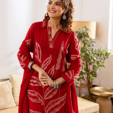 Embroidered Kurta with Trousers With Dupatta