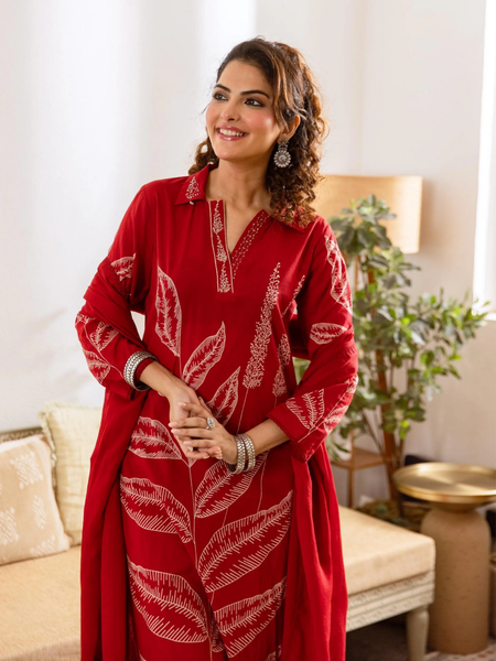 Embroidered Kurta with Trousers With Dupatta