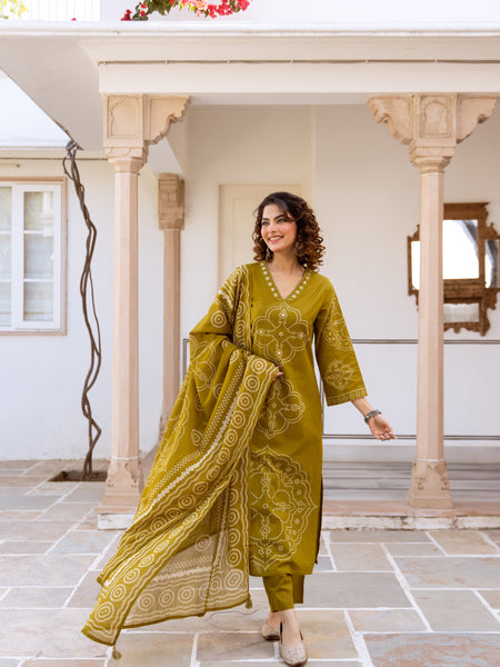 Bandhani Cotton Kurta Set with Mul Cotton Dupatta & Palazzo