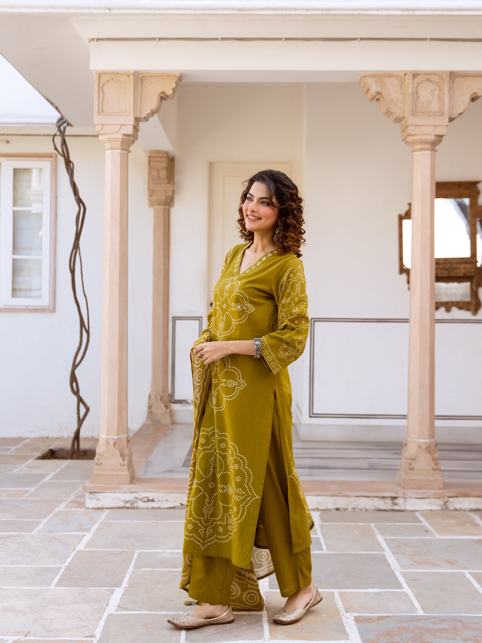 Bandhani Cotton Kurta Set with Mul Cotton Dupatta & Palazzo