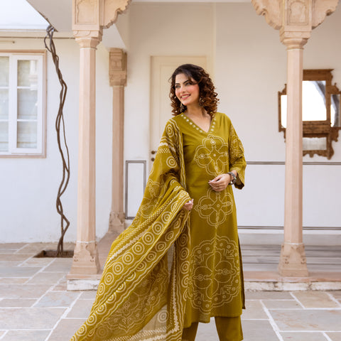 Bandhani Cotton Kurta Set with Mul Cotton Dupatta & Palazzo