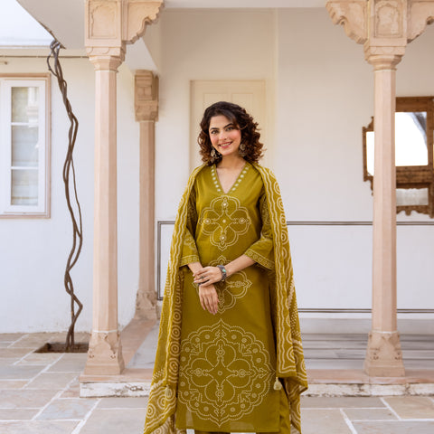 Bandhani Cotton Kurta Set with Mul Cotton Dupatta & Palazzo