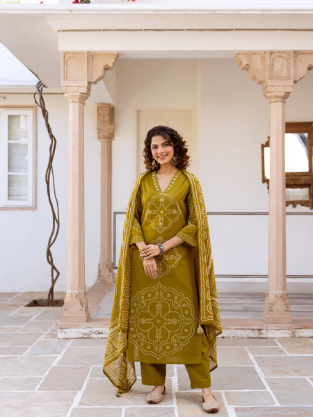 Bandhani Cotton Kurta Set with Mul Cotton Dupatta & Palazzo