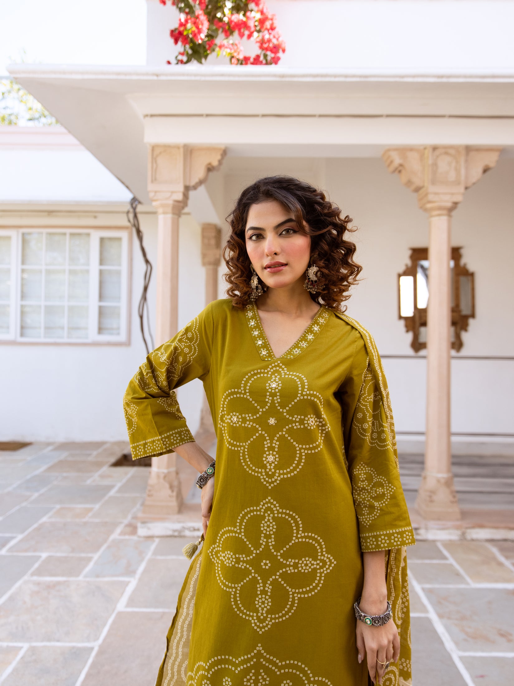 Bandhani Cotton Kurta Set with Mul Cotton Dupatta & Palazzo