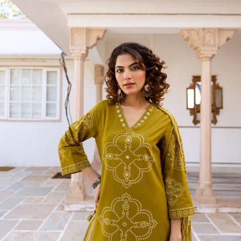 Bandhani Cotton Kurta Set with Mul Cotton Dupatta & Palazzo