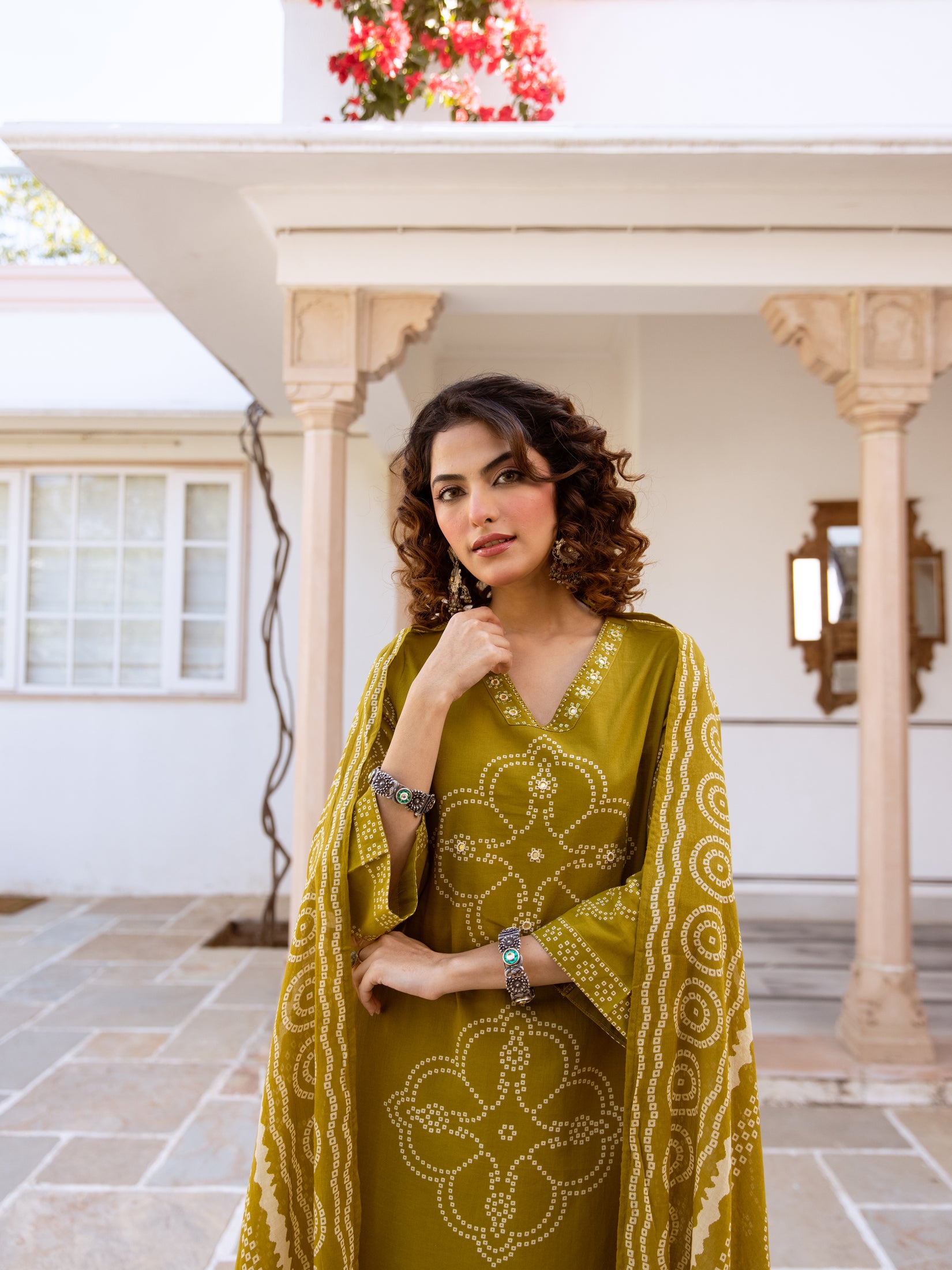 Bandhani Cotton Kurta Set with Mul Cotton Dupatta & Palazzo