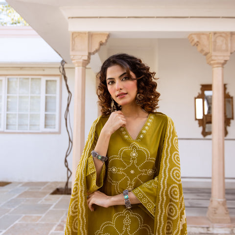Bandhani Cotton Kurta Set with Mul Cotton Dupatta & Palazzo