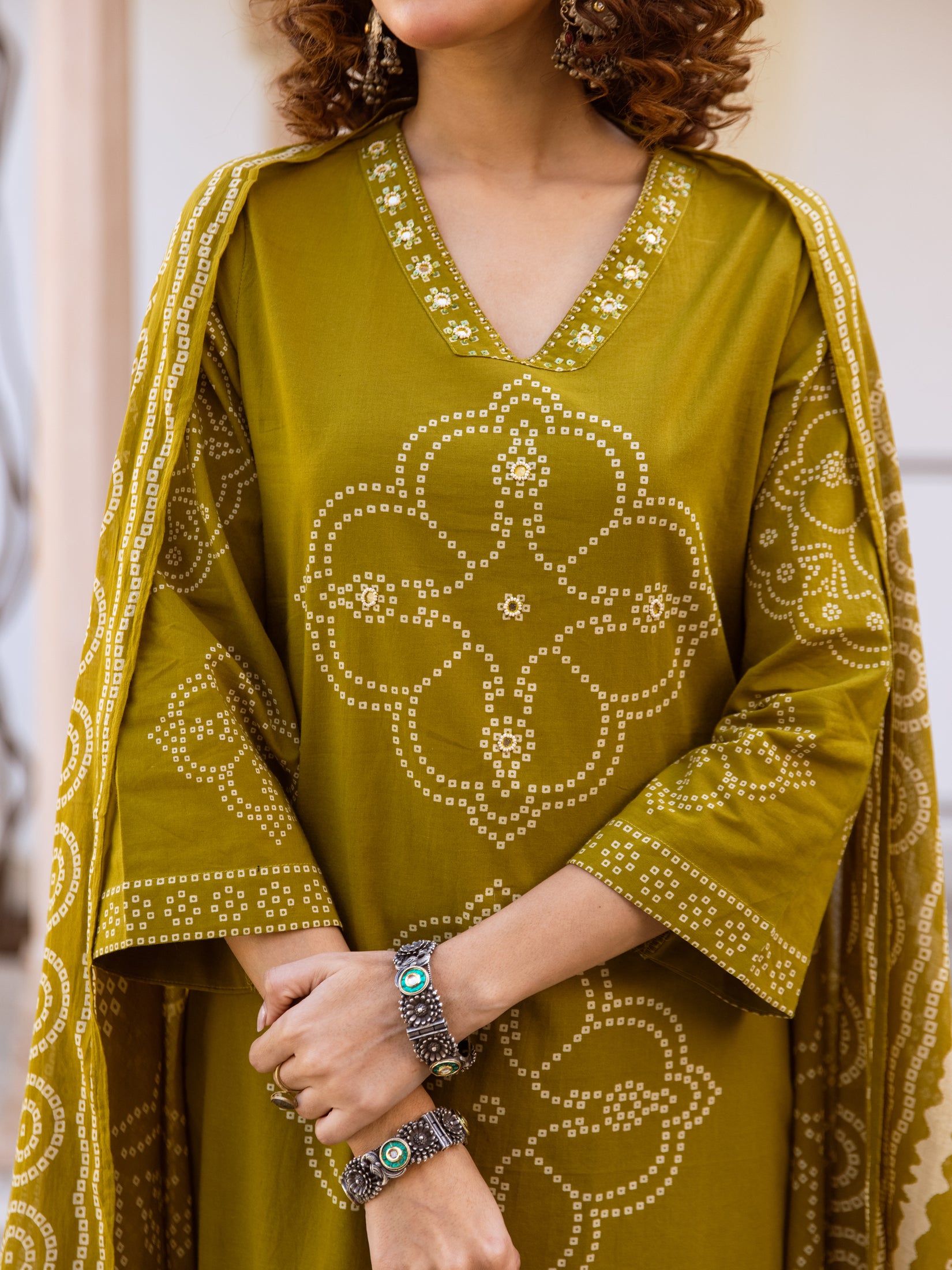 Bandhani Cotton Kurta Set with Mul Cotton Dupatta & Palazzo