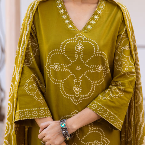 Bandhani Cotton Kurta Set with Mul Cotton Dupatta & Palazzo
