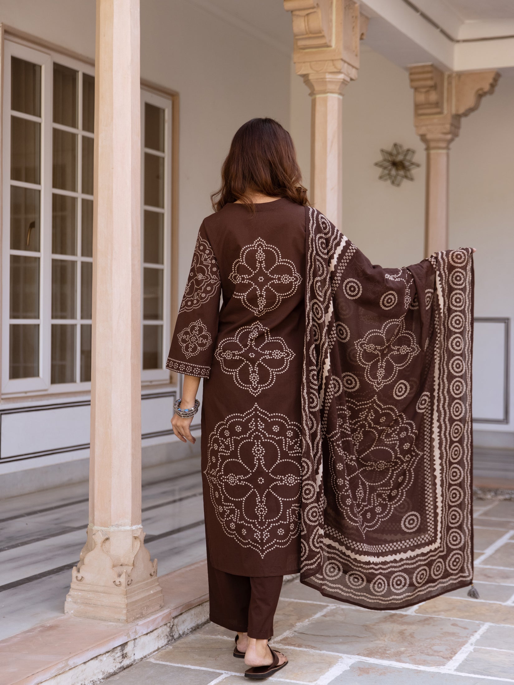 Brown Bandhani Cotton Kurta Set with Mul Cotton Dupatta & Palazzo