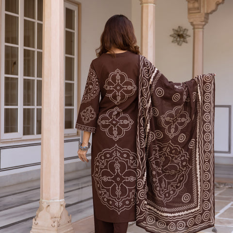 Brown Bandhani Cotton Kurta Set with Mul Cotton Dupatta & Palazzo