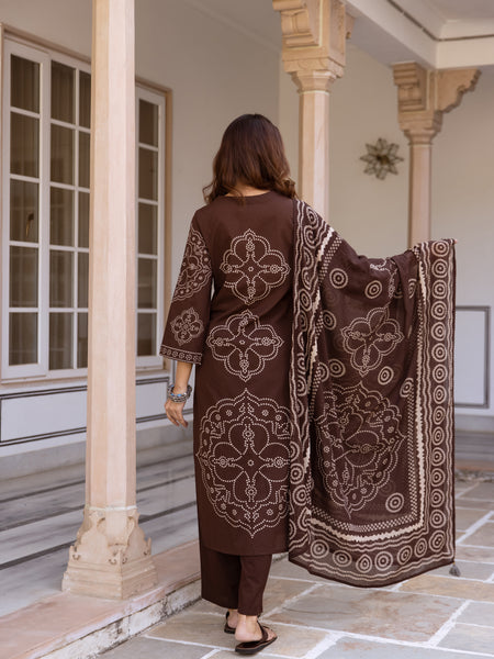 Brown Bandhani Cotton Kurta Set with Mul Cotton Dupatta & Palazzo