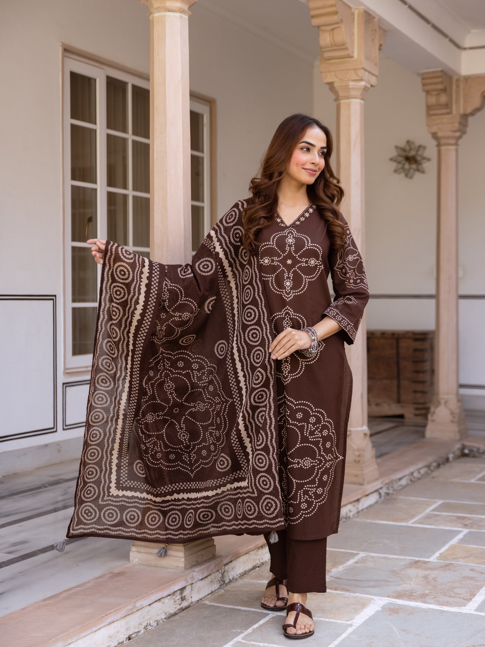 Brown Bandhani Cotton Kurta Set with Mul Cotton Dupatta & Palazzo