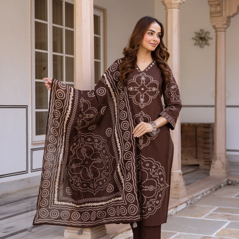 Brown Bandhani Cotton Kurta Set with Mul Cotton Dupatta & Palazzo