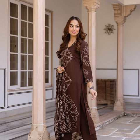 Brown Bandhani Cotton Kurta Set with Mul Cotton Dupatta & Palazzo