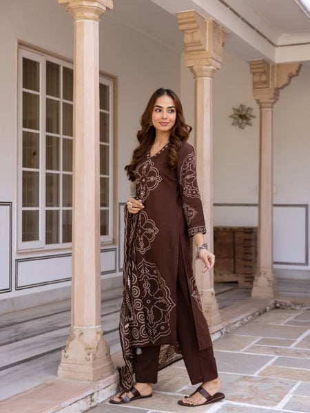 Brown Bandhani Cotton Kurta Set with Mul Cotton Dupatta & Palazzo