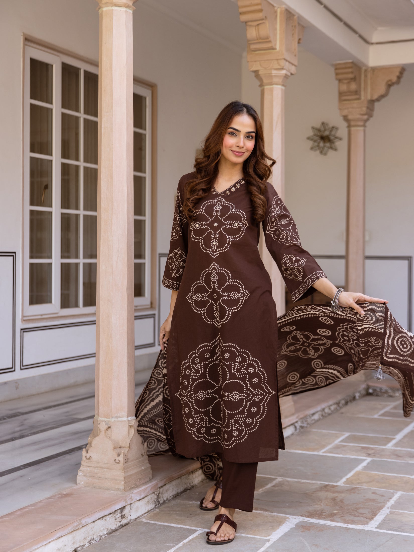 Brown Bandhani Cotton Kurta Set with Mul Cotton Dupatta & Palazzo