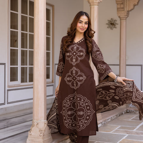 Brown Bandhani Cotton Kurta Set with Mul Cotton Dupatta & Palazzo