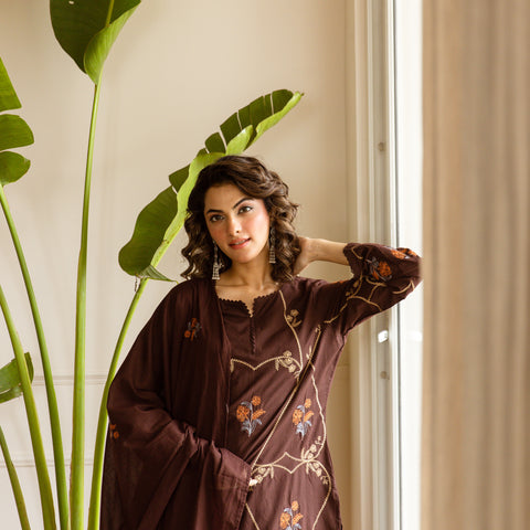 Embroidered Cotton Kurta Set with Pants & Dupatta