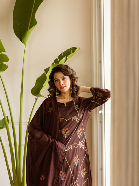 Embroidered Cotton Kurta Set with Pants & Dupatta