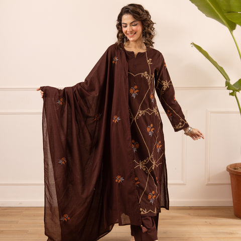 Embroidered Cotton Kurta Set with Pants & Dupatta