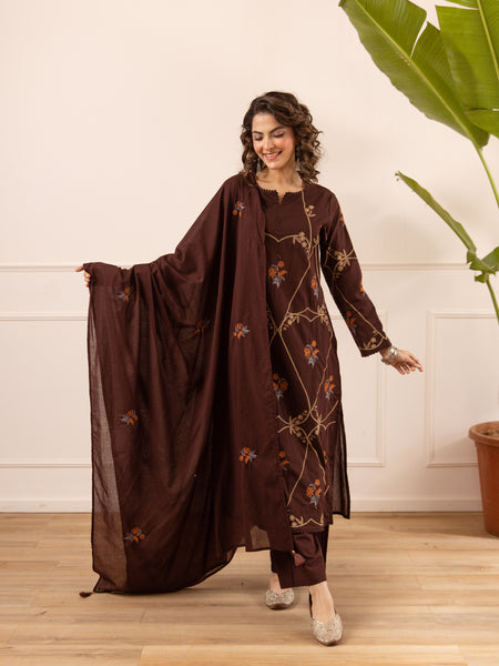 Embroidered Cotton Kurta Set with Pants & Dupatta