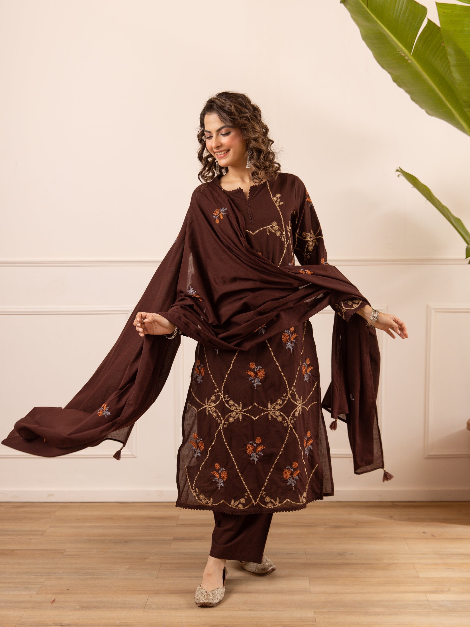Embroidered Cotton Kurta Set with Pants & Dupatta