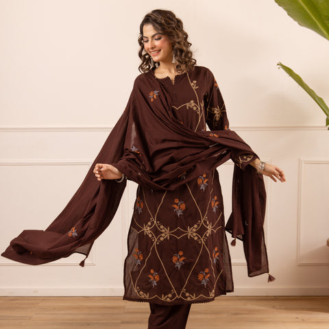 Embroidered Cotton Kurta Set with Pants & Dupatta