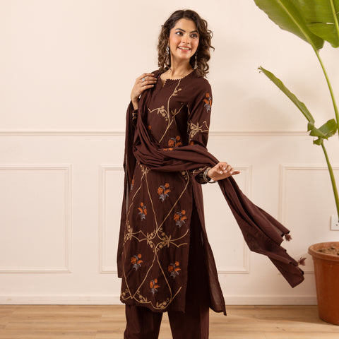 Embroidered Cotton Kurta Set with Pants & Dupatta