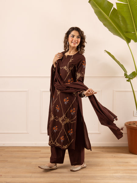 Embroidered Cotton Kurta Set with Pants & Dupatta