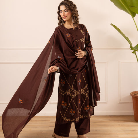 Embroidered Cotton Kurta Set with Pants & Dupatta