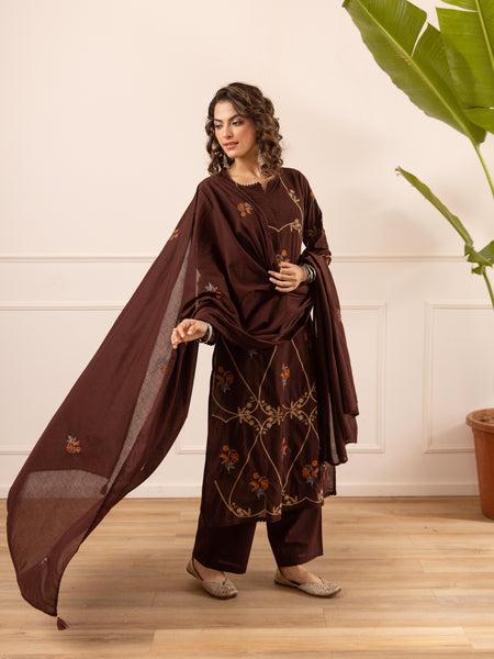 Embroidered Cotton Kurta Set with Pants & Dupatta