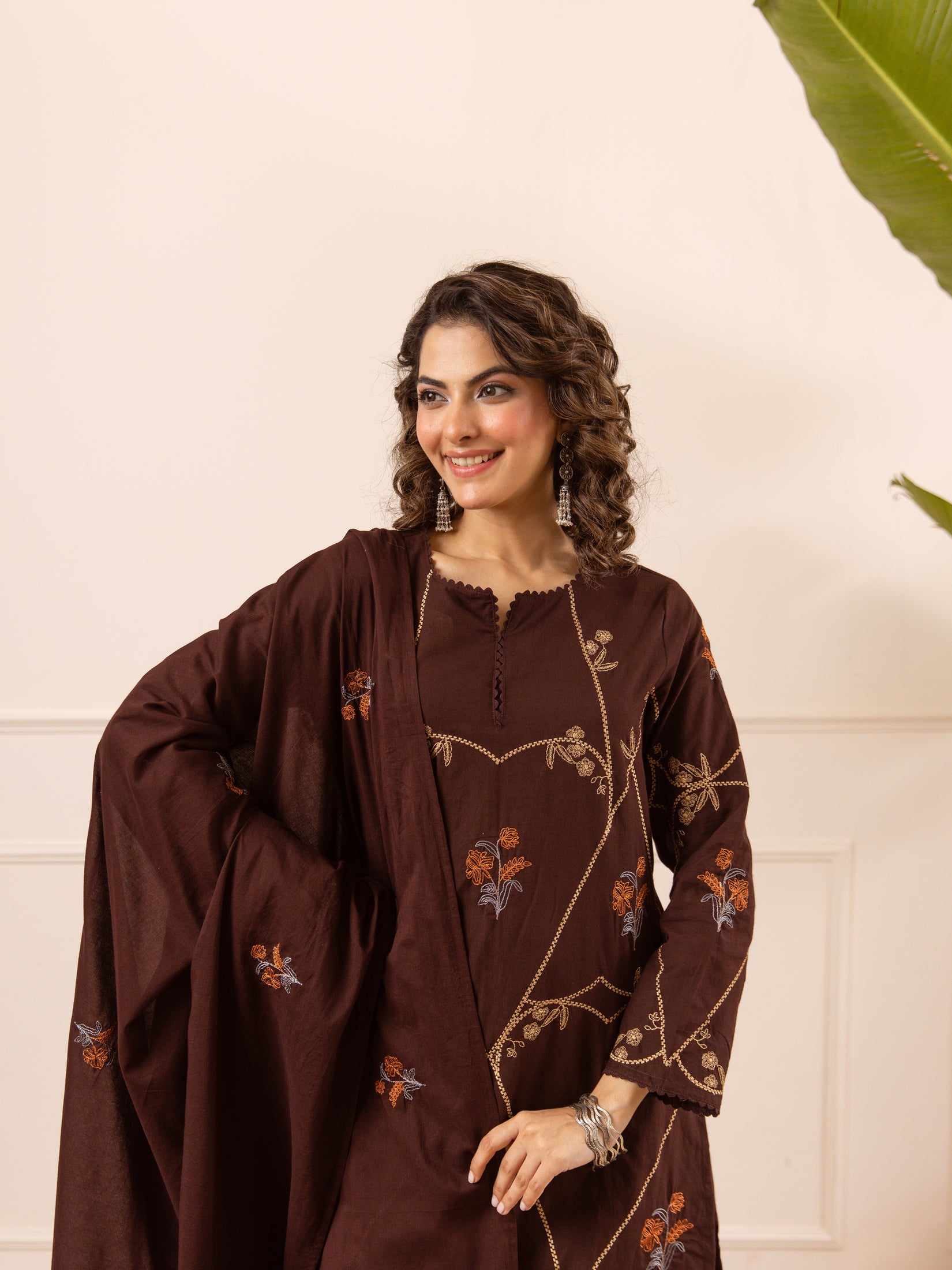 Embroidered Cotton Kurta Set with Pants & Dupatta
