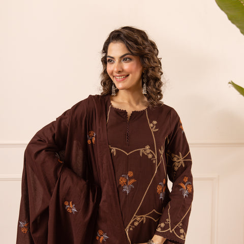 Embroidered Cotton Kurta Set with Pants & Dupatta