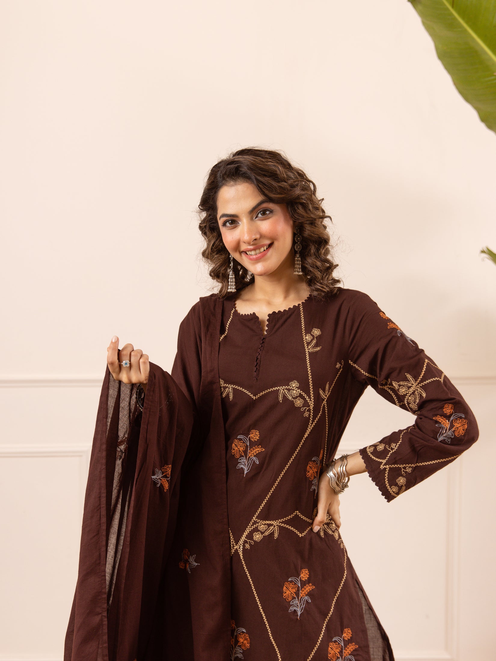 Embroidered Cotton Kurta Set with Pants & Dupatta