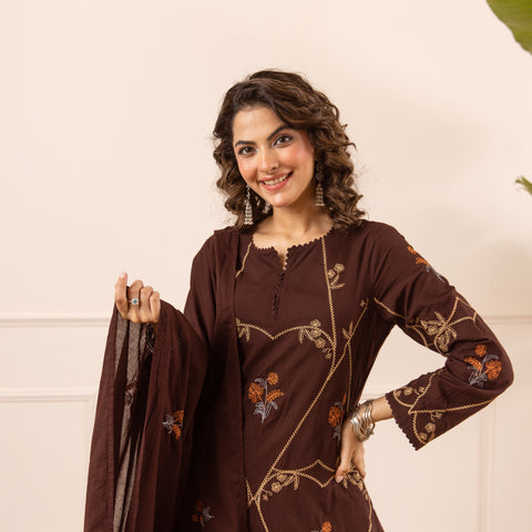 Embroidered Cotton Kurta Set with Pants & Dupatta