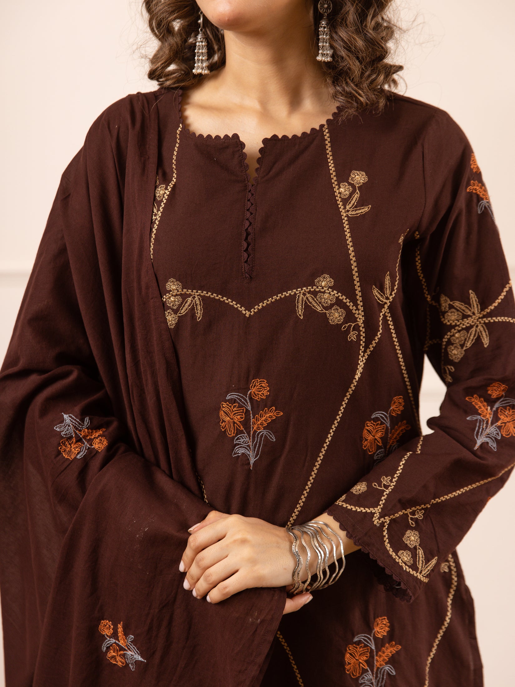 Embroidered Cotton Kurta Set with Pants & Dupatta