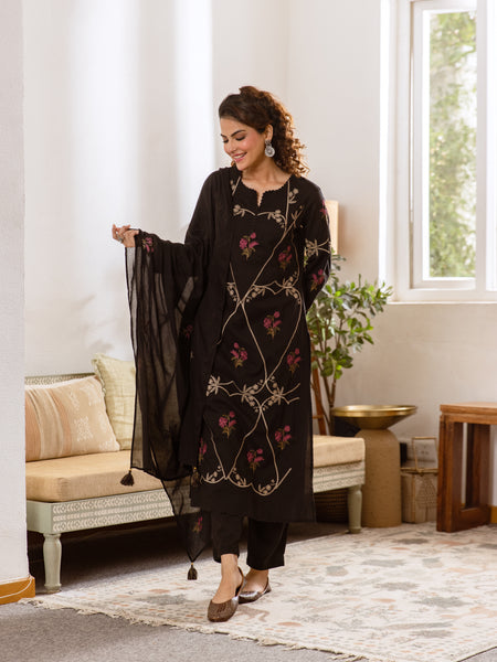 Women's Embroidered Cotton Kurta Dupatta Set