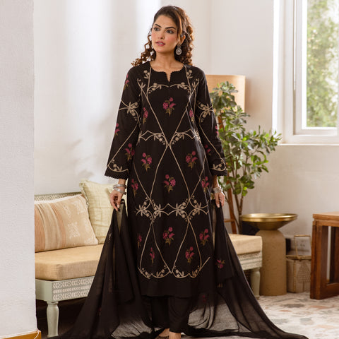 Women's Embroidered Cotton Kurta Dupatta Set