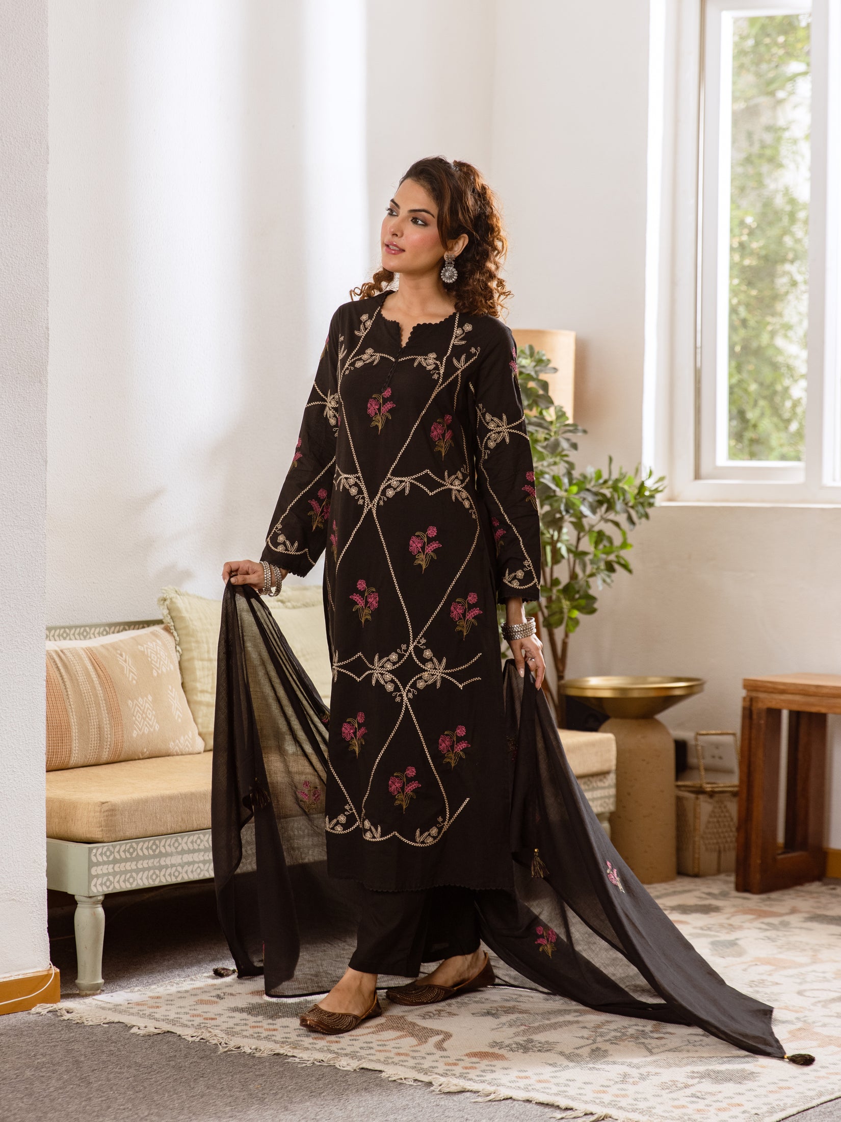 Women's Embroidered Cotton Kurta Dupatta Set