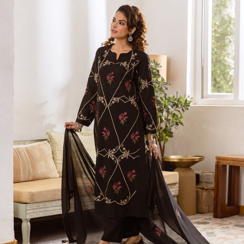 Women's Embroidered Cotton Kurta Dupatta Set